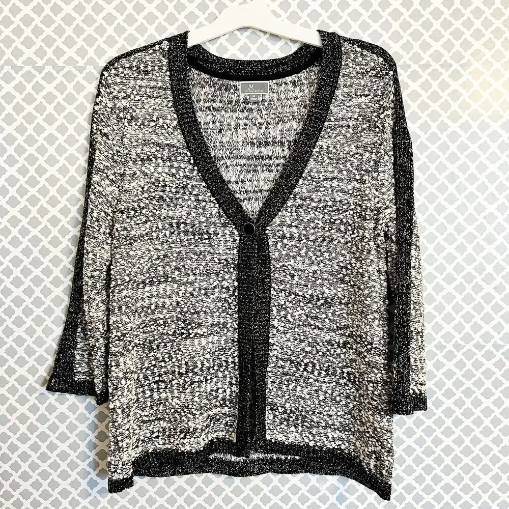 JM COLLECTION Black White Boucle Metallic Cardigan Sweater Size M